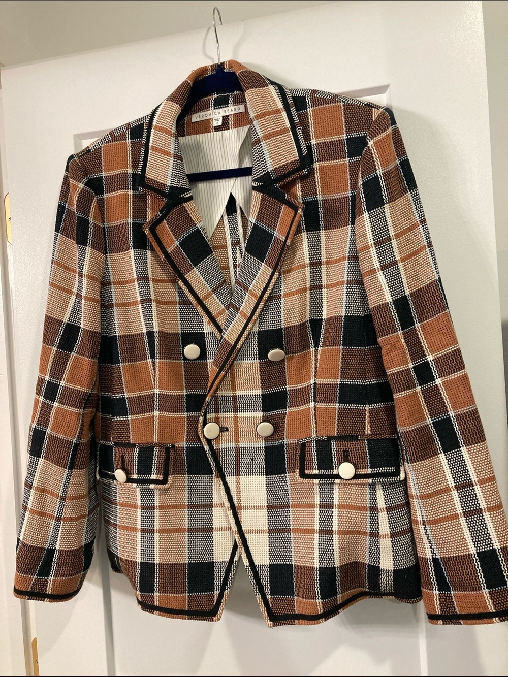 Veronica Beard Brown Black Cream Plaid Double-Breasted Blazer
